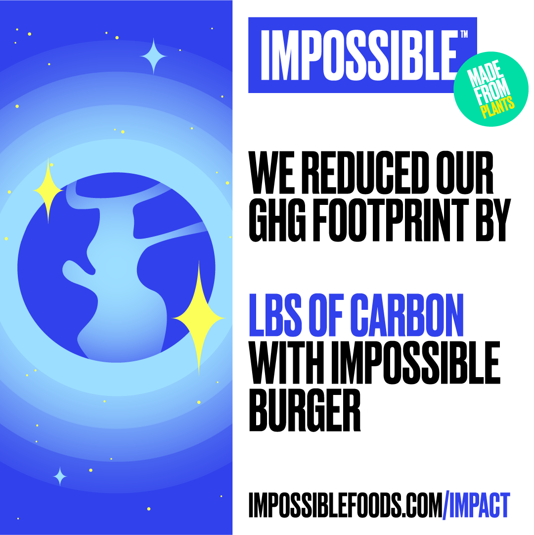 Illustration of planet and text about how much Lbs of Carbon you reduce with Impossible Foods