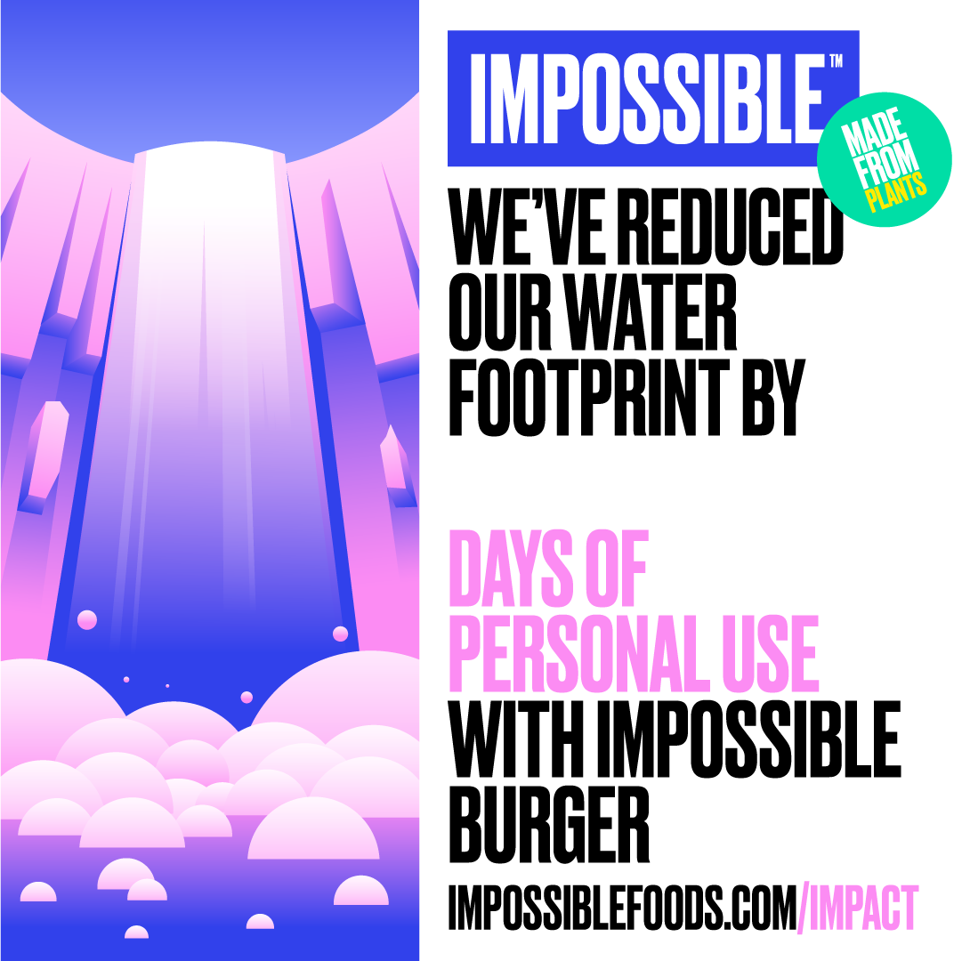 Illustration of a waterfall and text about many how many days of personal use have been reduced from water footprint with Impossible Foods